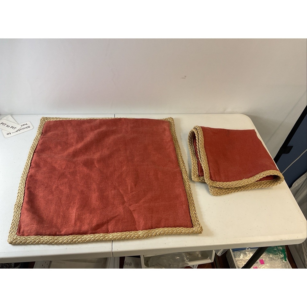 Set of 2 Pottery Barn Throw Pillow Cover Rust 100% Linen Braided Trim Jute 20x20